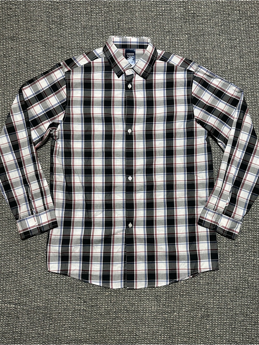 Izod Plaid Button-Up Shirt in White, Black, Blue